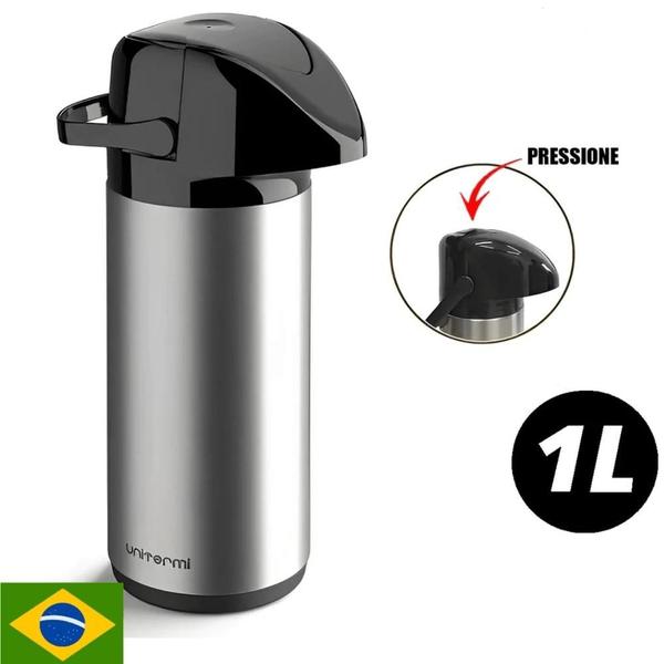 garrafa térmica grande de pressão 1L Aço Inox café Água quente Garantida Por 24 Horas - UNITERMI INVICTA Imagem de garrafa térmica grande de pressão 1L Aço Inox café Água quente Garantida Por 24 Horas