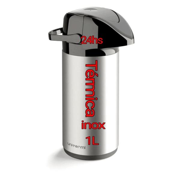 garrafa térmica grande de pressão 1L Aço Inox café Água quente Garantida Por 24 Horas - UNITERMI INVICTA Imagem de garrafa térmica grande de pressão 1L Aço Inox café Água quente Garantida Por 24 Horas