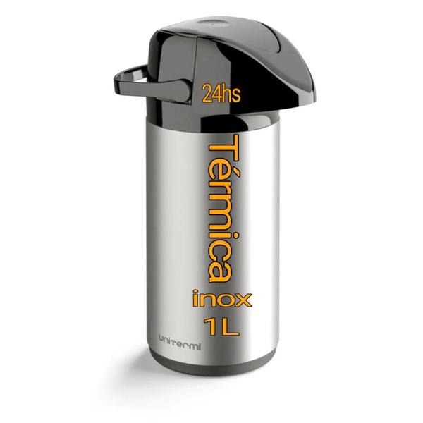 garrafa térmica grande de pressão 1L Aço Inox café Água quente Garantida Por 24 Horas - UNITERMI INVICTA Imagem de garrafa térmica grande de pressão 1L Aço Inox café Água quente Garantida Por 24 Horas