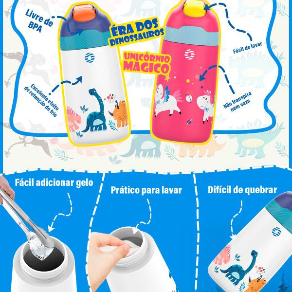 Imagem de Garrafa Térmica Infantil Água Suco Leite com Canudo Alça 350ml Parede Dupla para Bebê Criança Aço Inox Rosa ou Branco Passeio Escola