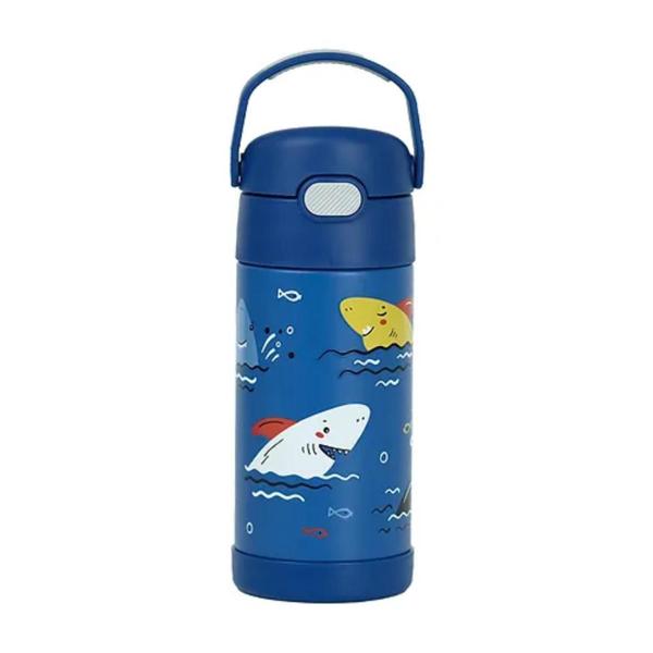 Imagem de Garrafa Térmica Infantil Canudo Com Alça Thermos Tubarão Inox 355ml