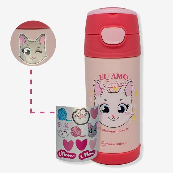 Imagem de Garrafa Térmica Infantil Click Canudo 350ml C/Adesivo Gatos