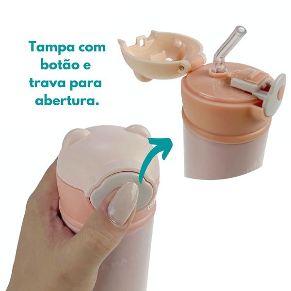 Imagem de Garrafa Térmica Infantil Com Canudo 420mls Aço Inox Squeeze Escolar Tampa Ursinho Água Suco