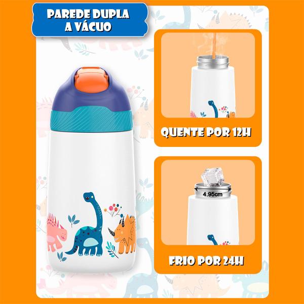 Imagem de Garrafa Térmica Infantil com Canudo e Alça 350ml Parede Dupla para Bebê Criança Água Suco Leite Aço Inox Rosa ou Branco Passeio Escola