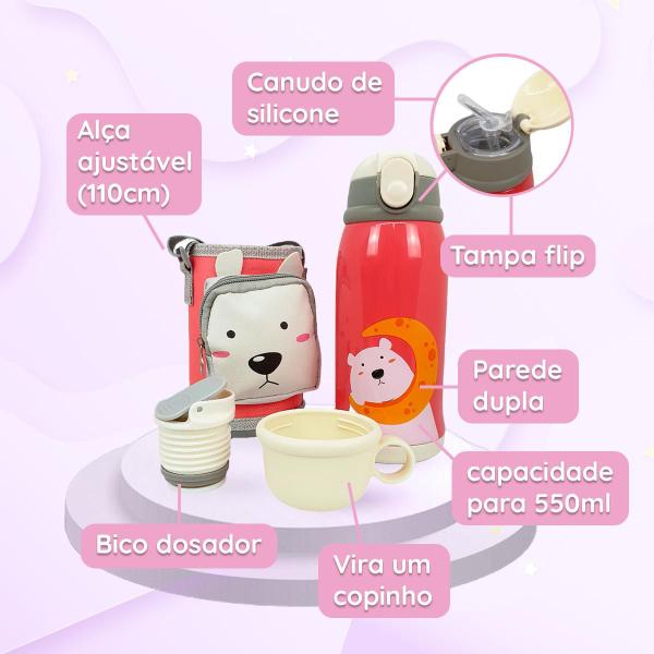 Imagem de Garrafa térmica infantil De Inox Canudo Silicone Água 550ml Alça Squeeze Parede Dupla Trava Água Suco Escolar Garrafinha