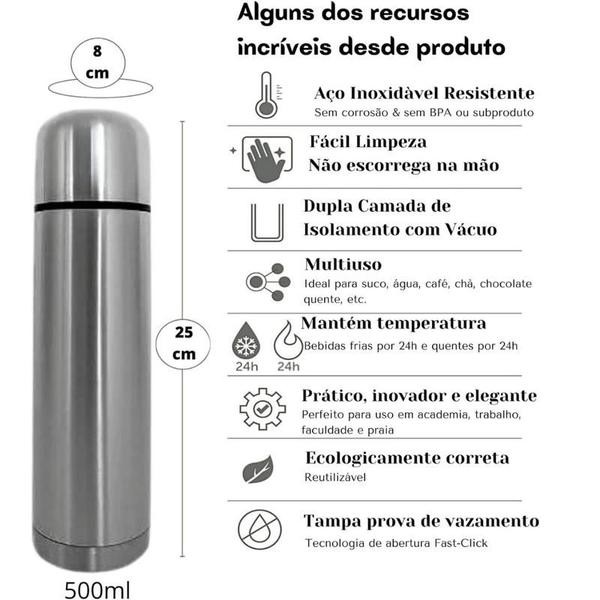 Imagem de Garrafa Térmica Inox 500 ml Café Chá Shake Água Quente Gelada Tampa Click Parede Dupla Isolada Vácuo Prata Antivazamento