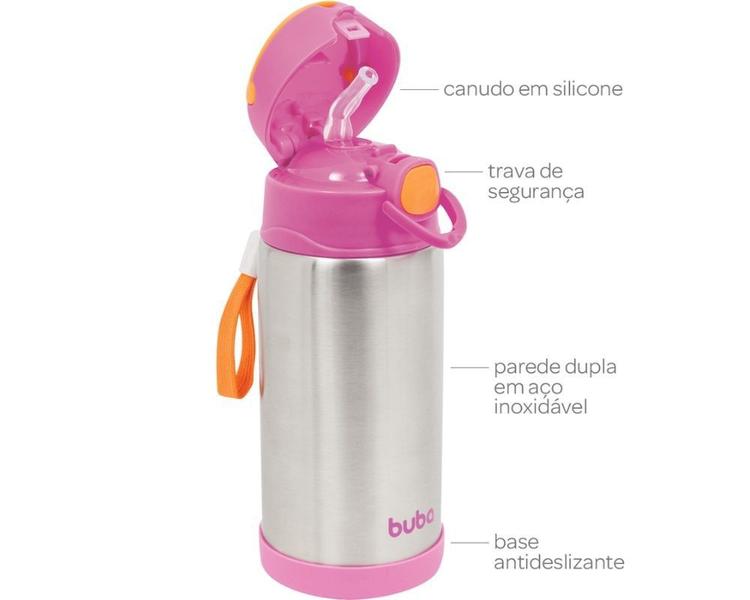 Imagem de Garrafa térmica inox parede dupla com canudo rosa 400ml buba