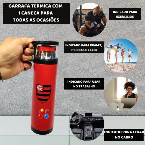 Imagem de Garrafa Térmica Vermelha Inox 475ml Café +1 Caneca Quente Frio 12Hrs Time Flamengo Oficial