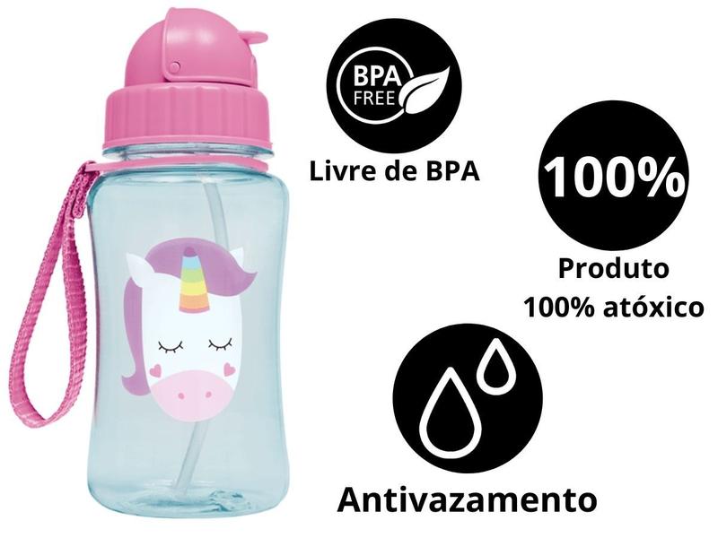 Imagem de Garrafinha Garrafa de Agua Infantil com Canudo Retrátil Silicone Leão Girafa Macaco Unicórnio Buba