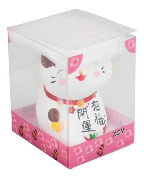 Imagem de Gato Da Sorte Branco Escrita Chinesa Gesso 6.5cm