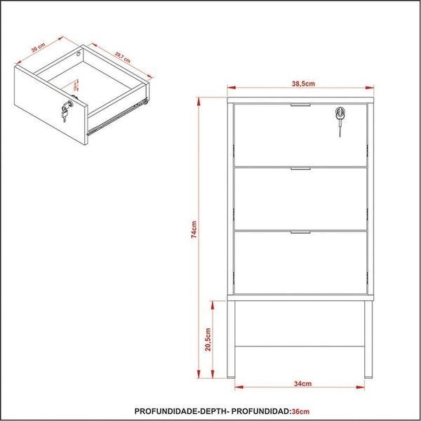 Imagem de Gaveteiro 3 Gavetas Com Chave 38,5x74x36 cm Amêndoa/Preto