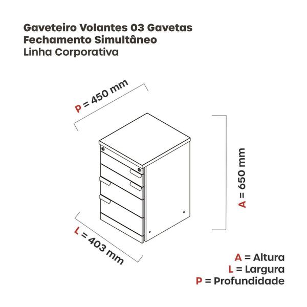 Imagem de Gaveteiro Aéreo 03 Gavetas Corporativa Branco