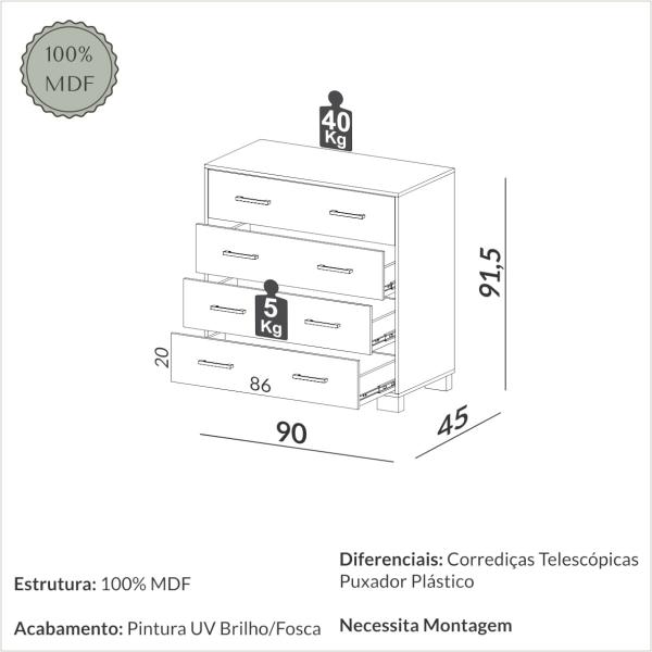 Imagem de Gaveteiro Cômoda 4 Gavetas em MDF W344 Freijó Off White 90 cm Dalla Costa