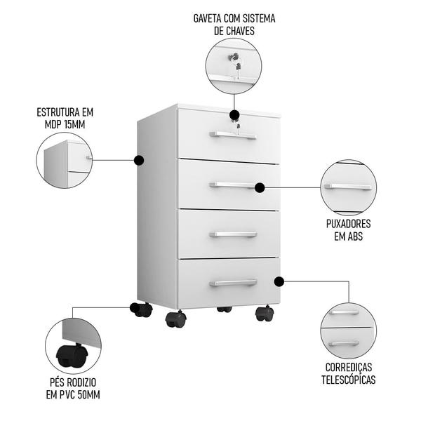Imagem de Gaveteiro Escritório 4 gavetas Com Rodízios Gávea Branco Trama - Móveis Leão
