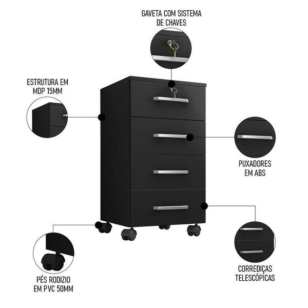 Imagem de Gaveteiro Escritório 4 Gavetas Com Rodízios Gávea Preto Trama