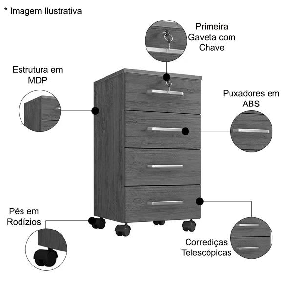 Imagem de Gaveteiro p/ Escritório Chave e Rodízios 4 Gavetas Gávea