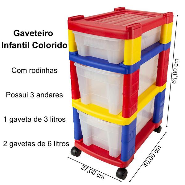 Imagem de Gaveteiro Plástico Infantil Colorido 3 Gavetas Organizador de Plástico Multiuso Grande com Rodinhas e 3 Prateleiras Tritec