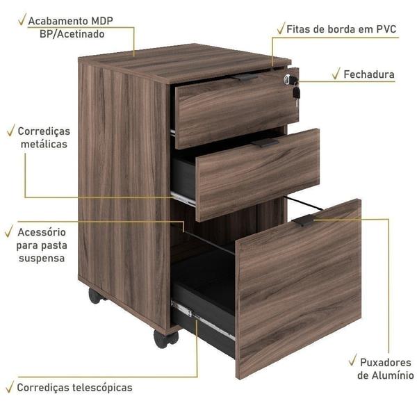 Imagem de Gaveteiro Volante 2 Gavetas e 1 Gaveta para Pastas Kugv43 Kuadra Espresso Móveis