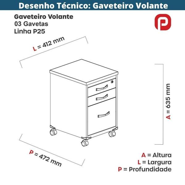 Imagem de Gaveteiro Volante 3 Gavetas com Chaves PE25 em MDP Cor Walnut e Branco