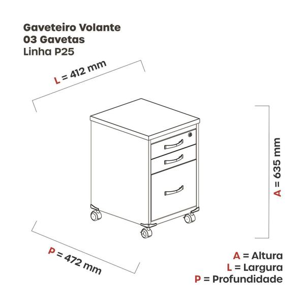 Imagem de Gaveteiro Volante 3 Gavetas GVPS03P25TUB com Chave e Rodizio