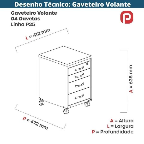 Imagem de Gaveteiro Volante 4 Gavetas com Chaves PE25 em MDP Cor Walnut e Branco