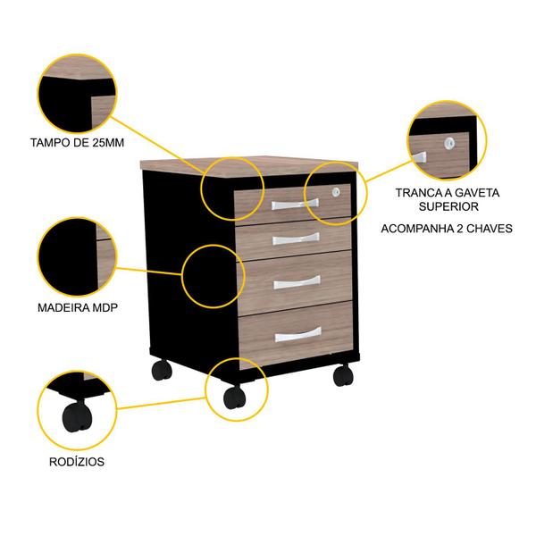 Imagem de Gaveteiro volante 4 gavetas pandin p25 - naturalle/preto