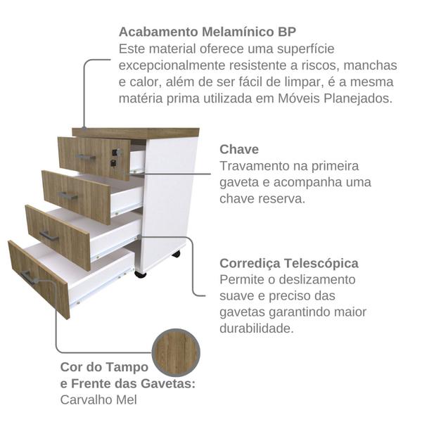 Imagem de Gaveteiro Volante com 4 Gavetas para Escritório ou Home Office Branco/Carvalho Mel