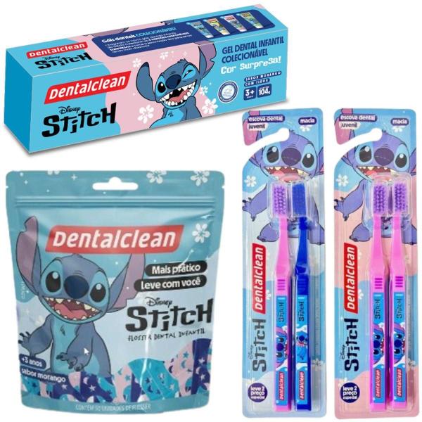 Imagem de Gel Dental + Escova Juvenil + Flosser - Stitch - Dentalclean