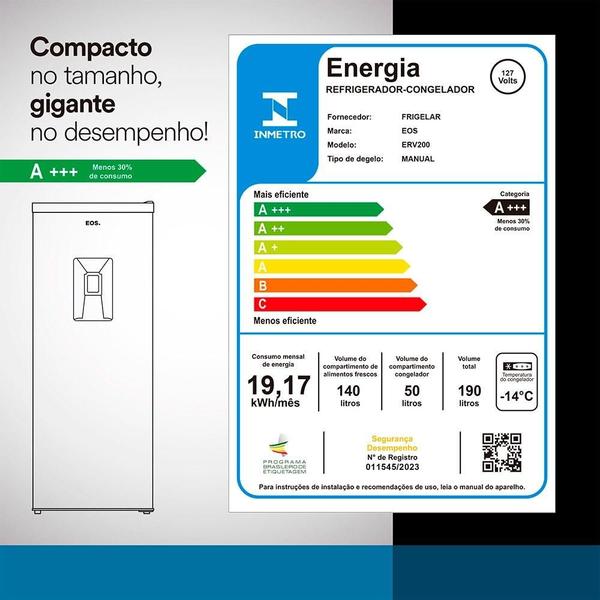 Imagem de Geladeira EOS 190 Litros com Dispenser de Água na Porta Branco ERV200B 110V