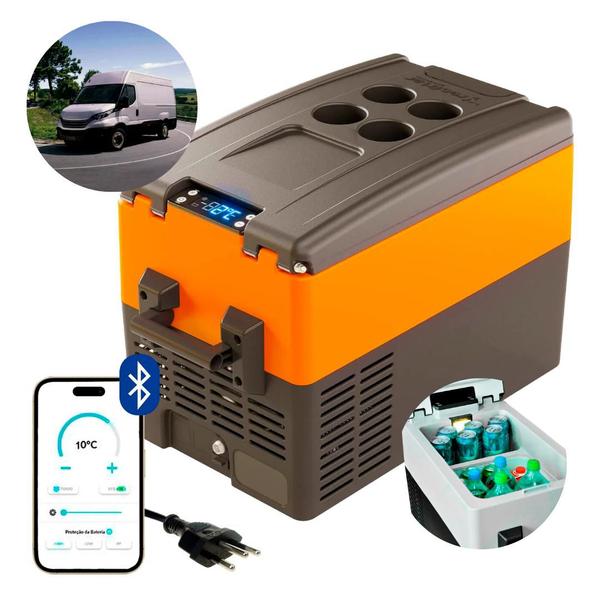 Imagem de Geladeira Portátil P/Van 31 Litros Quadrivolt 12v/24v/110v/220v Resfriar Laranja C/Bluetooth