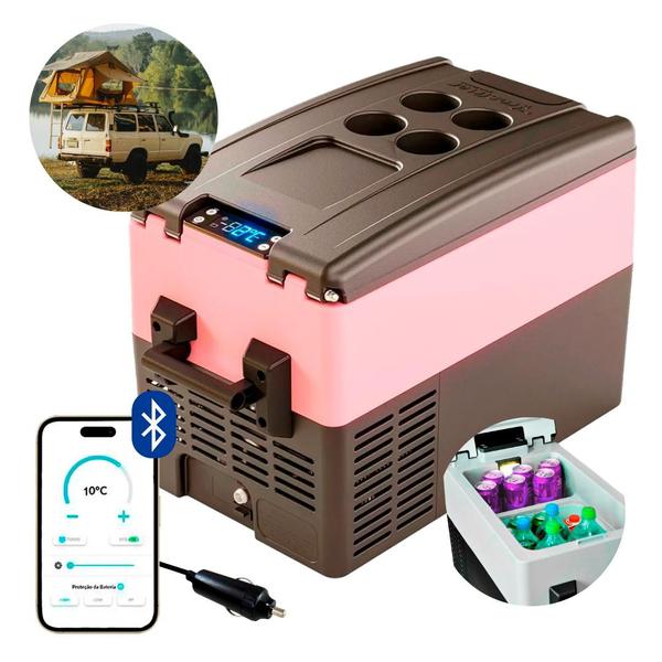 Imagem de Geladeira Portátil P/Viagens 31 Litros 12v/24v Resfriar Rosa C/Bluetooth