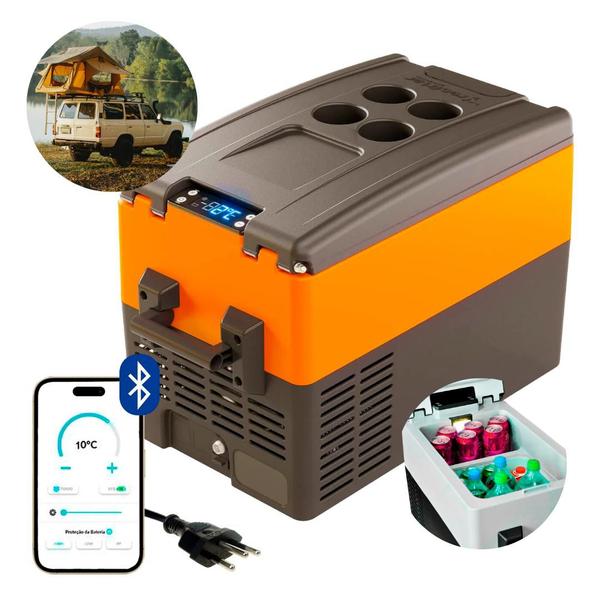 Geladeira Portátil P/Viagens 31 Litros Quadrivolt 12v/24v/110v/220v Resfriar Laranja C/Bluetooth Imagem de Geladeira Portátil P/Viagens 31 Litros Quadrivolt 12v/24v/110v/220v Resfriar Laranja C/Bluetooth