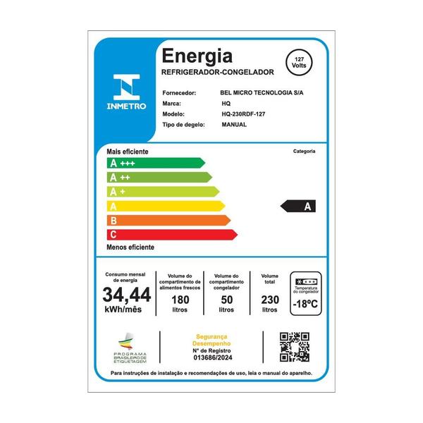 Imagem de Geladeira Refrigerador HQ Defrost 230 Litros Preto/Inox HQ-230RDF 127V