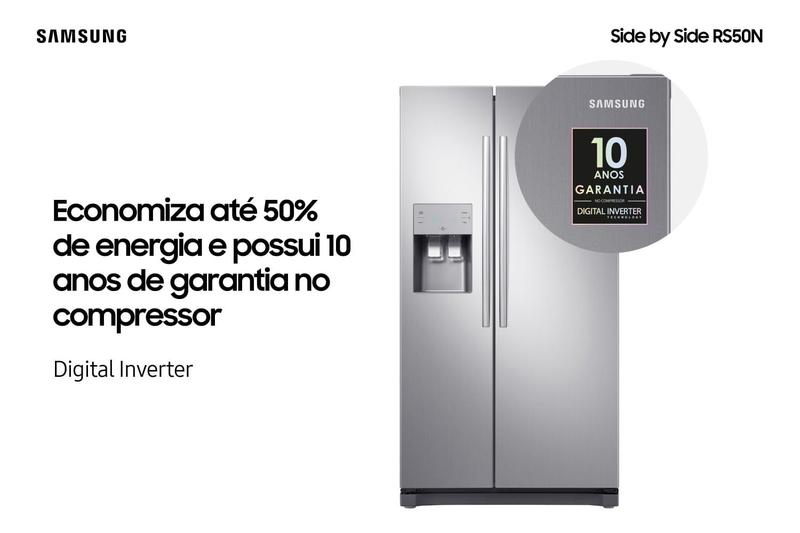 Geladeira Samsung RS50N Frost Free Side by Side com Dispenser de Água e Gelo 501L Inox Look