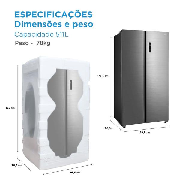 Imagem de Geladeira Side by Side 511L Inverter Cor Inox Conectada Midea