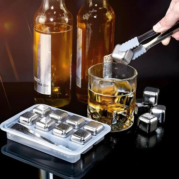 Imagem de Gelo Reutilizavel Inox Cubo Artificial 8 Cubos Com Pegador Bebidas Reutilizável Drink Whiskey