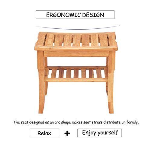 Imagem de Giantex Bamboo Shower Bench Seat com prateleira de armazenamento, cadeira de chuveiro spa banco banco organizador banco para interior ou exterior