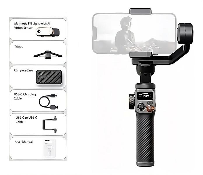 Imagem de Gimbal Estabilizador Para Smartphone 3 Eixos Com Sensor Rastreamento AI Luz Preenchimento Magnético