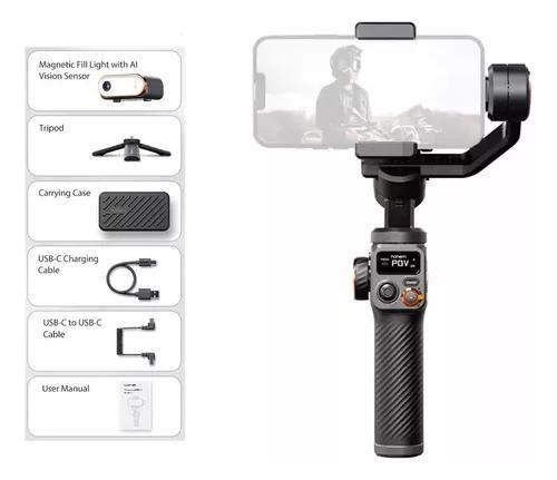 Imagem de Gimbal Estabilizador Para Smartphone 3 Eixos Com Sensor Rastreamento AI Luz Preenchimento Magnético