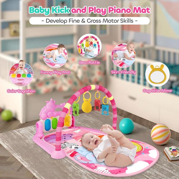 Imagem de Ginásios e tapetes para bebês, tapetes Funny Kick and Play Piano Tummy Time, tapete para atividades de ginástica para bebês com 5 brinquedos sensoriais infantis, música e luzes suaves para meninos recém-nascidos e meninas de 0 a 3 a 6 e 12 meses (rosa)