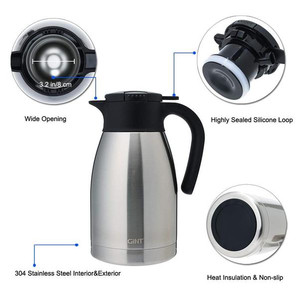 Imagem de GiNT 51Oz Aço Inoxidável Café Térmico Carafe com tampa / Dual Walled Vacuum Thermos / 12 horas de retenção de calor (prata, 1.5L)