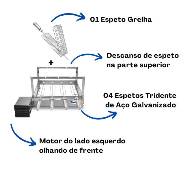 Imagem de Gira Grill Inox c/ 4 Espetos Tridente + Espeto Grelha Pratic