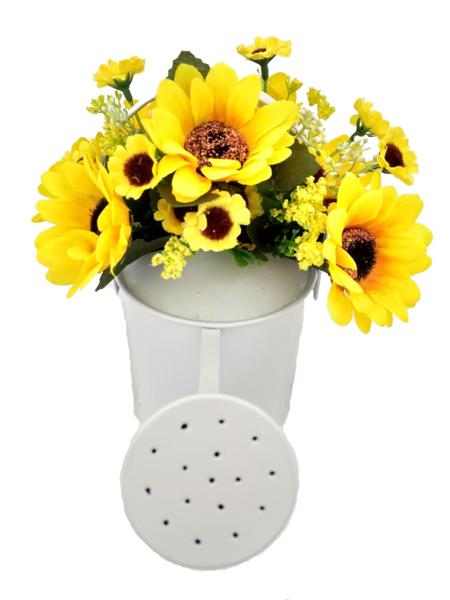 Imagem de Girassol Arranjo Flor Artificial Com Regador Branco Médio De Metal - FLORDECORAR