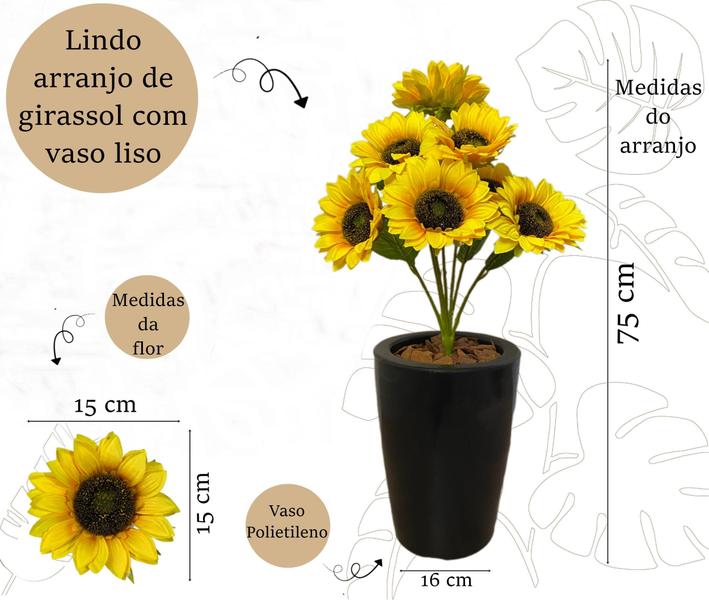 Imagem de Girassol Artificial 7 Flores Com Vaso Cone Liso Completo