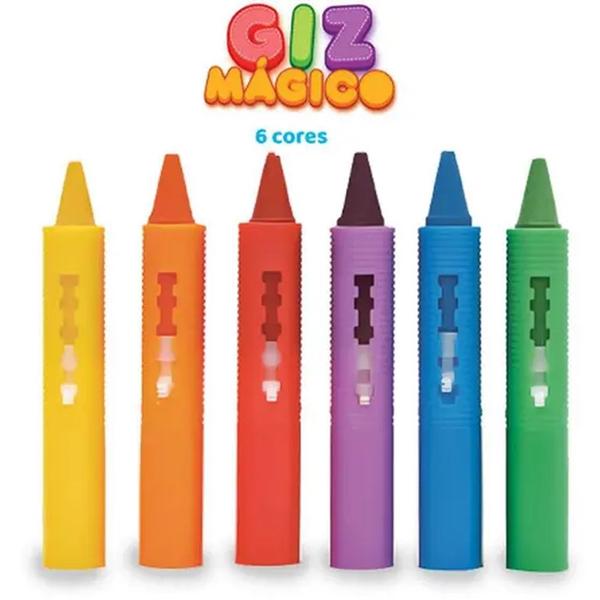 Imagem de Giz Mágico Risca e Apaga Retrátil Grosso Kit 6 Cores Brinquedo Educativo Infantil Para Criança Escrever Pintar Polibrinq