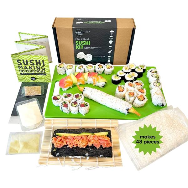 Imagem de Global Grub DIY Sushi Making Kit - Kit de Sushi inclui arroz sushi, algas nori sushi, pó de vinagre de arroz, sementes de gergelim, pó de wasabi, tapete de sushi de bambu, instruções, faz 48 peças