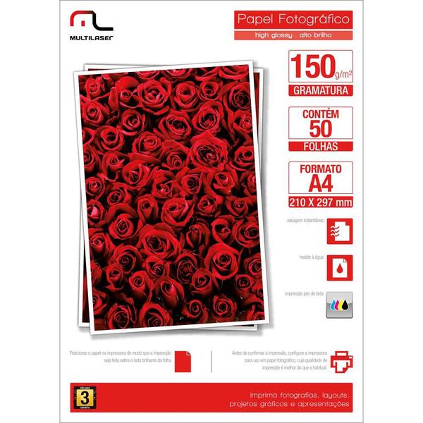 Imagem de Glossy Paper C/150 Gr Tam. A4 C/ 50 Fls Multilaser - PE003