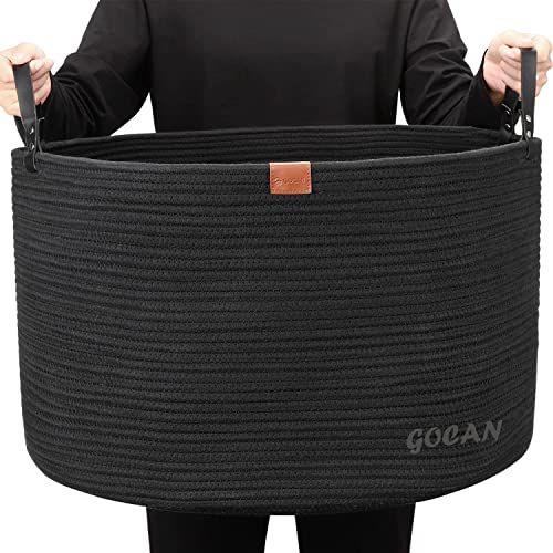 Imagem de GOCAN Extra Grande Armazenamento Cesta de Lavanderia 22 "X 22 "X 14" Cesta de Corda de Algodão Tecida para Cesta de Cobertor com Alças para Armazenamento de Brinquedos da Sala de Estar XXXL (Pure Blk)