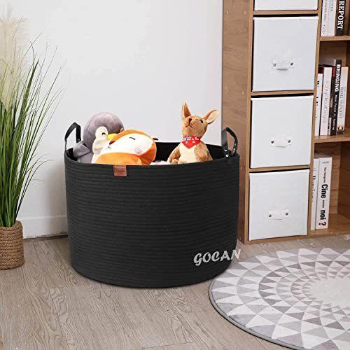 Imagem de GOCAN Extra Grande Armazenamento Cesta de Lavanderia 22 "X 22 "X 14" Cesta de Corda de Algodão Tecida para Cesta de Cobertor com Alças para Armazenamento de Brinquedos da Sala de Estar XXXL (Pure Blk)