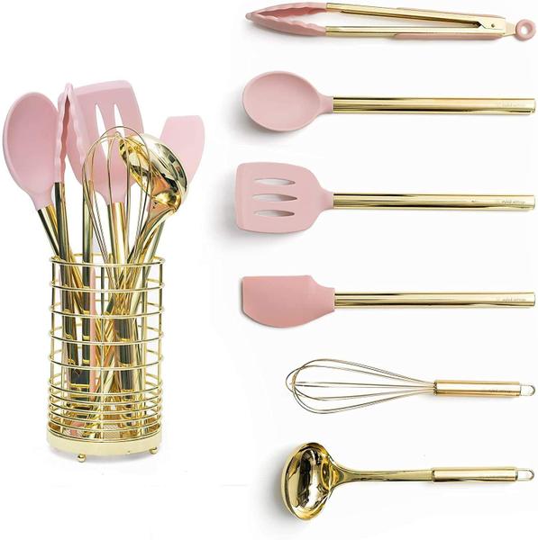 Imagem de Gold &amp Pink Kitchen Utensil Set com Suporte - Utensílios de Cozinha Rosa:Batedor de Ouro, Concha Dourada, Espátula Rosa, Pinça Dourada, Colher Rosa, Turner, Suporte de Utensílio de Ouro - Acessórios de Cozinha Rosa &amp Rosa Cozinha Decoração